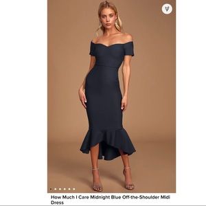 Lulus How Much I Care Midnight Blue Off-the-Shoulder Midi Dress size Large.